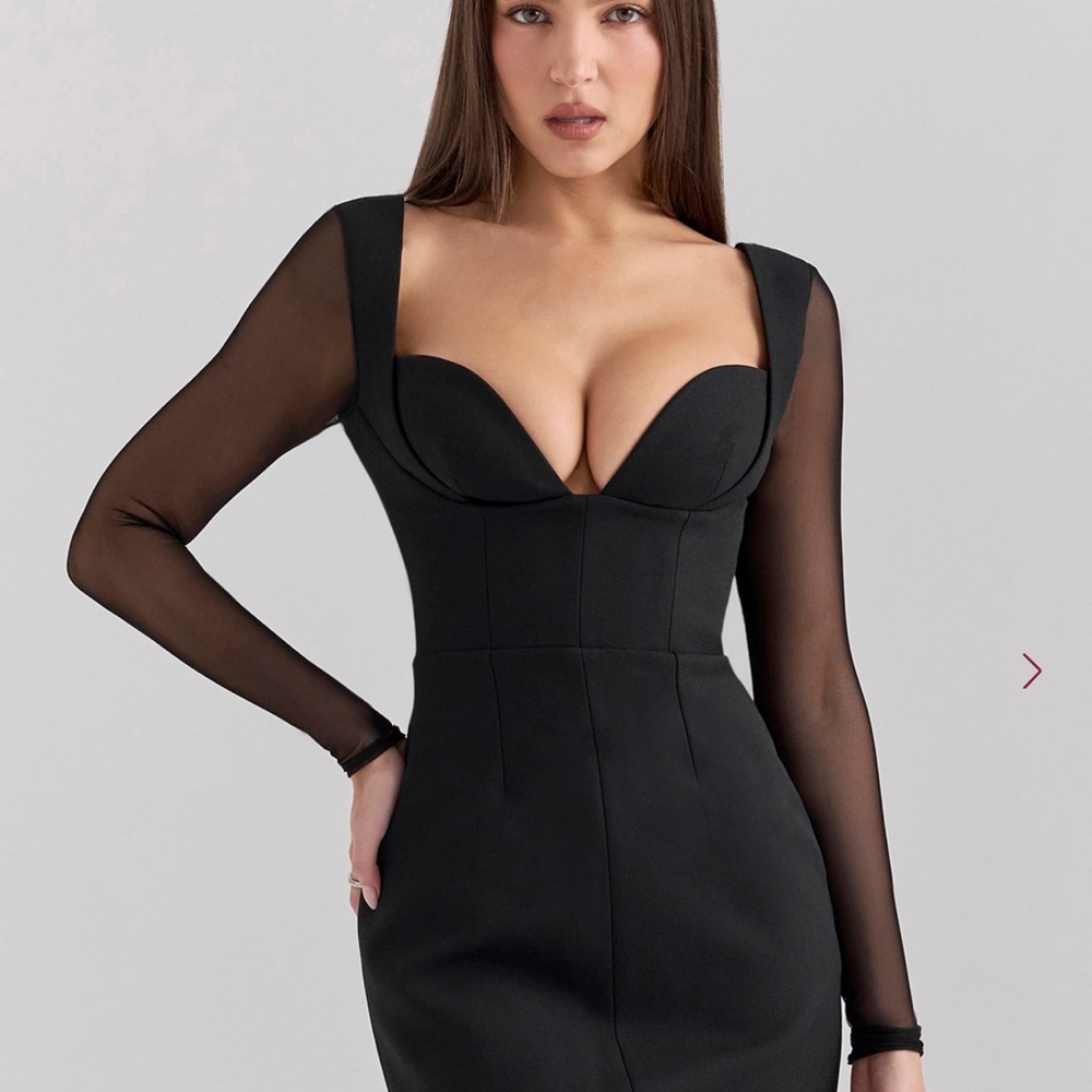 House of CB Black Mesh Sleeve Plunge Midi Dress